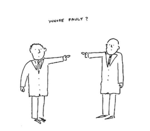 Two people pointing at each other