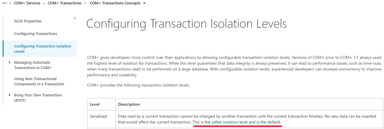 COM+ configuration showing isolation level